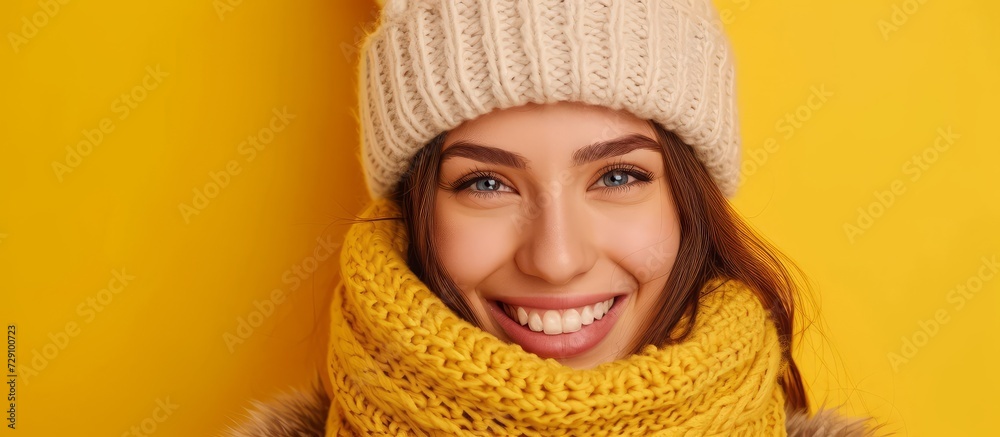Cheerful teenager girl with a happy face wearing winter hat and warm sweater, isolated on yellow background. Cheerful teenager girl with a happy face wearing winter hat and warm sweater, isolated on yellow background.