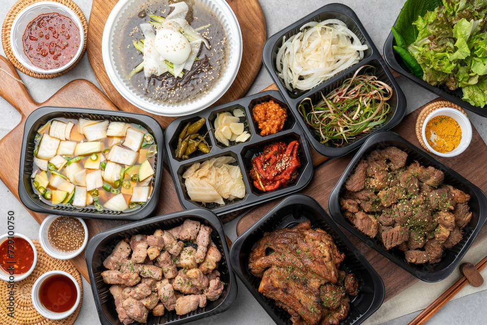 Korean food, pork, grilled, pork belly, cold noodles, ribs, charcoal fire, kkakduk, side dishes,