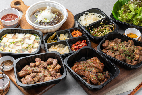 Korean food, pork, grilled, pork belly, cold noodles, ribs, charcoal fire, kkakduk, side dishes,