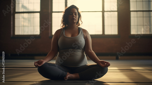 Zen relax plus-size woman doing yoga indoors 