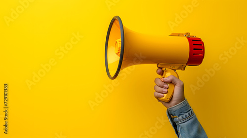 Hand holding megaphone on yellow background. Hiring, advertising and marketing concept.