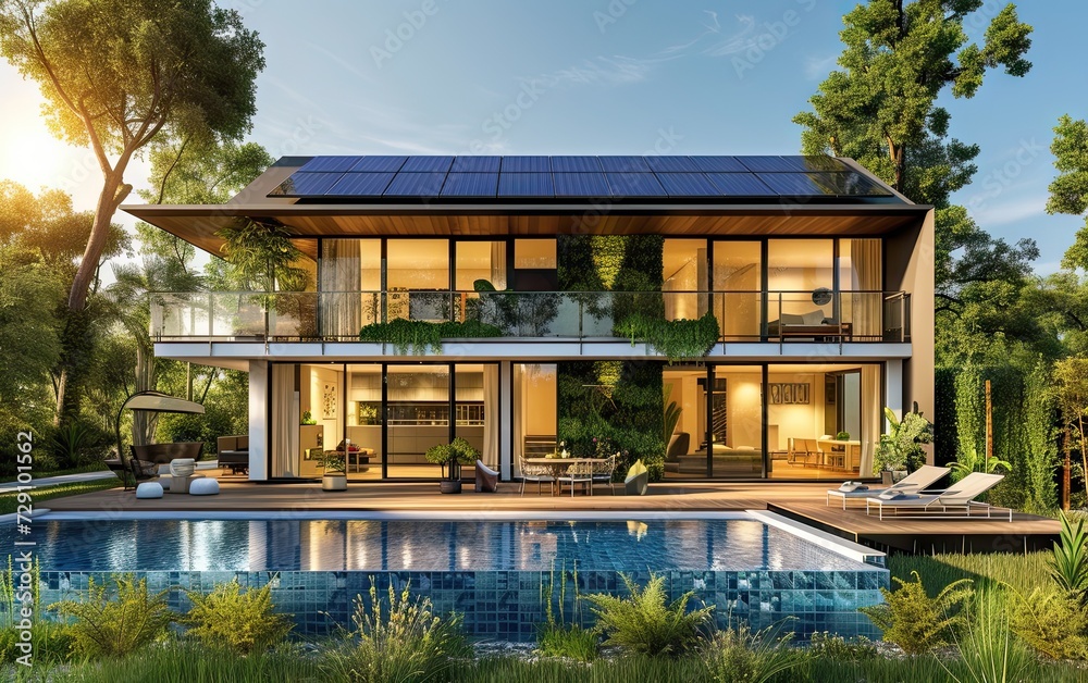 Modern single family house with solar panels on roof blending luxury architecture with eco friendly energy solutions residence showcases future oriented design emphasizing sustainable living