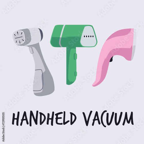 Handheld portable vacuum cleaner set, hoover as cleaning equipment on vector poster, electric home appliance