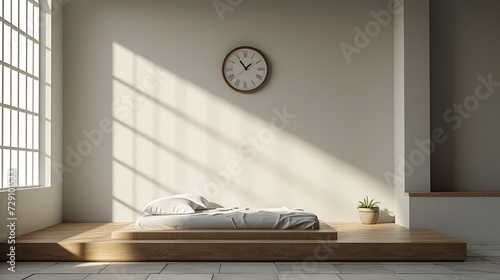 A minimalist bedroom with a low platform bed and a single, oversized wall clock. 