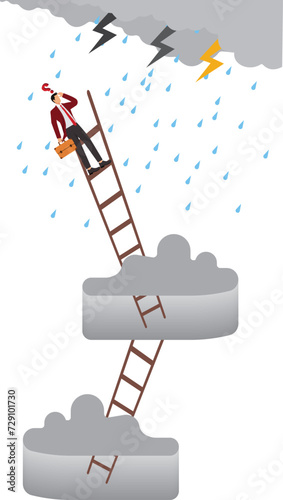Businessman is climbing ladder, dark clouds is raining and Lightning