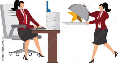 businesswoman carrying a huge plate with a big star on it