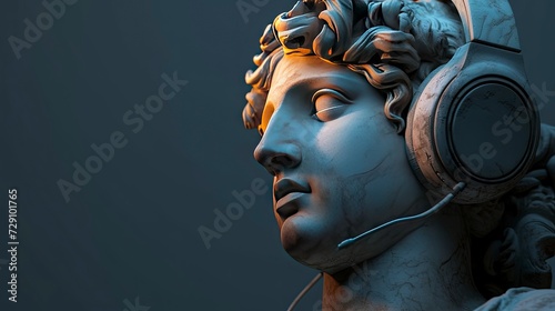 A classical sculpture wears contemporary headphones, a fusion of ancient and modern.