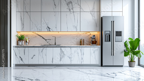 A minimalist kitchen with stainless steel appliances against white marble countertops. 