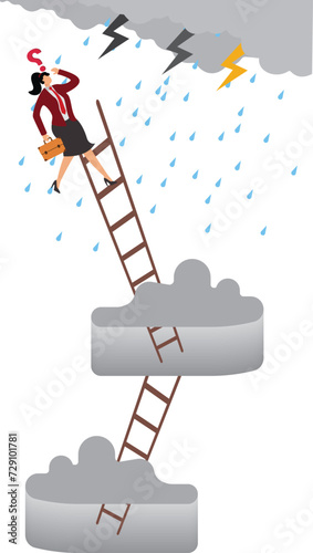 Businesswoman is climbing ladder, dark clouds is raining and Lightning
