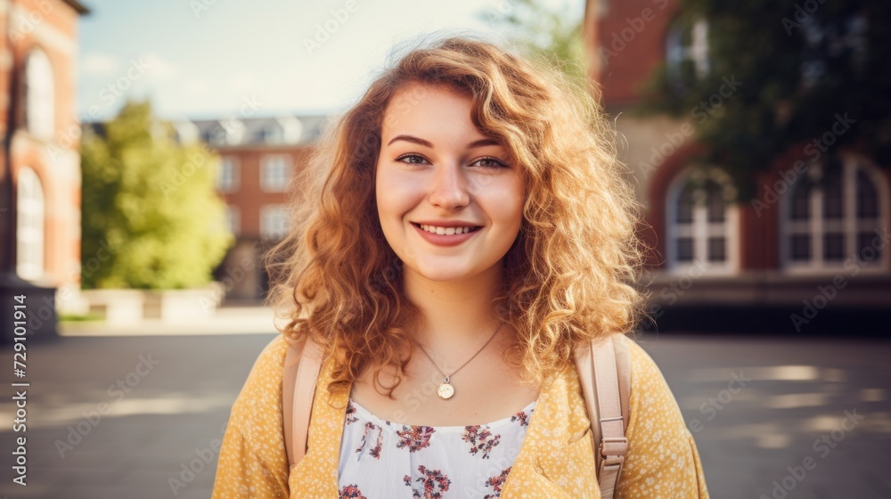 A cheerful student smiles while posing for a picture outside the college. A cheerful student smiles while posing for a picture outside the college.