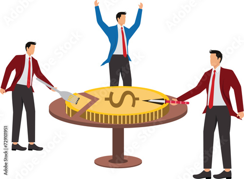 Businessman is given a slice of money on a fork and dollar sign coin pie cake with slice missing
