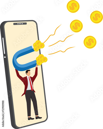 Businessman from smart phone holding big magnet