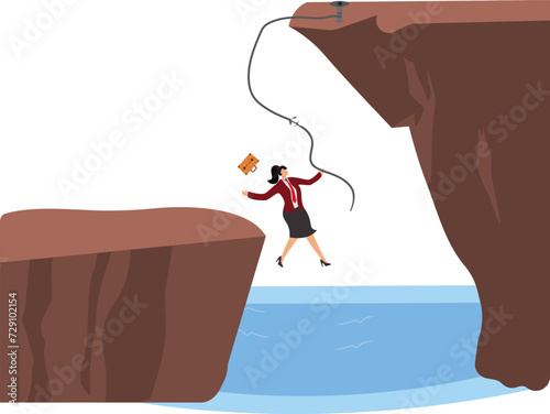 Businesswoman holding on to a rope that is about to break is at the end of his tether