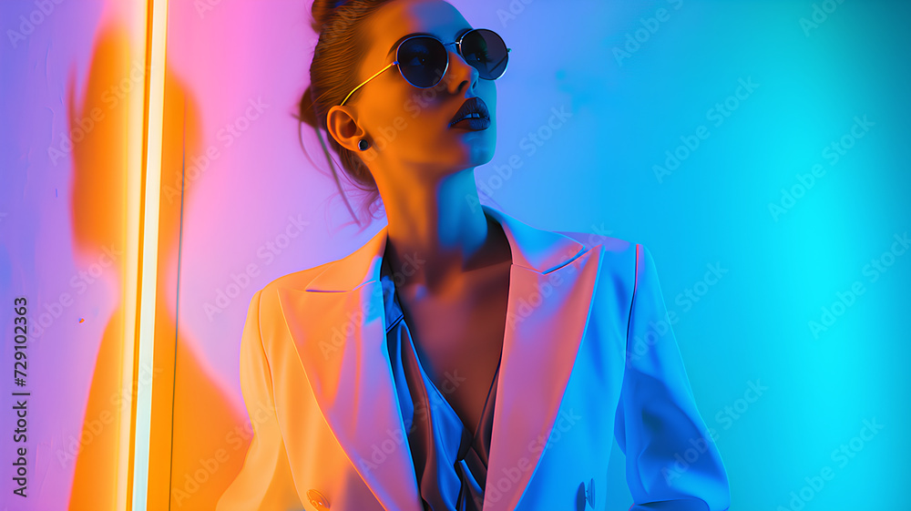 Obraz premium A fashion-forward woman in a white blazer and trendy sunglasses posing under vivid blue and pink neon lighting. 