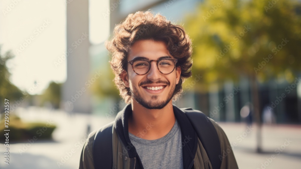 Smiling male student, diverse and confident, posing outside near the college. Smiling male student, diverse and confident, posing outside near the college.