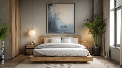 A monochromatic bedroom with a lone piece of abstract art above the bed. 