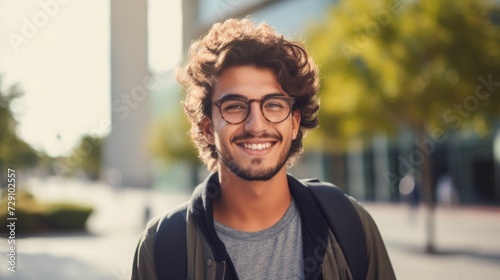 Smiling male student, diverse and confident, posing outside near the college.
