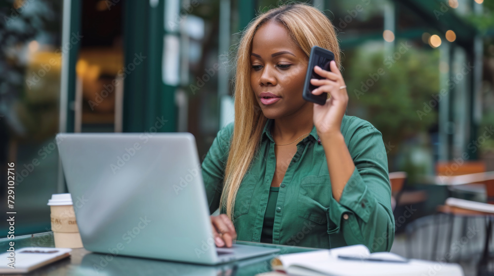 woman is looking at her smartphone with a laptop open in front of her and a cup of coffee on the table, sitting in a cafe environment woman is looking at her smartphone with a laptop open in front of her and a cup of coffee on the table, sitting in a cafe environment