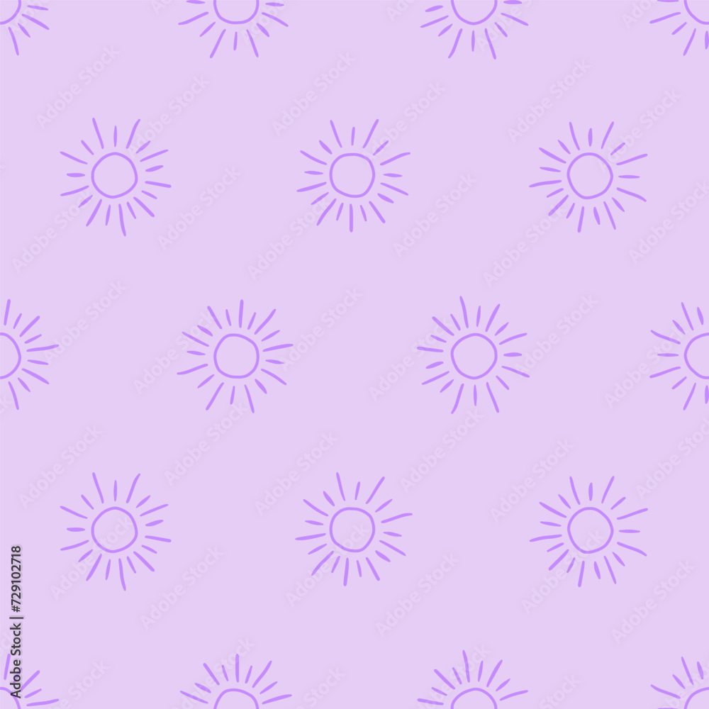Purple seamless pattern with ourline ray suns