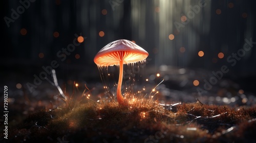 Vibrant peach colored neon mushroom with beautiful bokeh light in the background