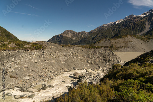 The Hooker river flowing through the Hooker valley ytrack in the Aoraki nMt Cook National Park