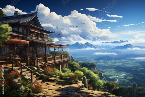 A charming anime tea house overlooking the serene