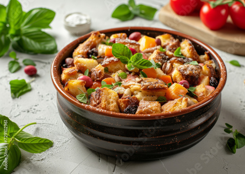 The traditional Mexican Easter capirotada is a bread pudding with nuts and fruits, on a white background.