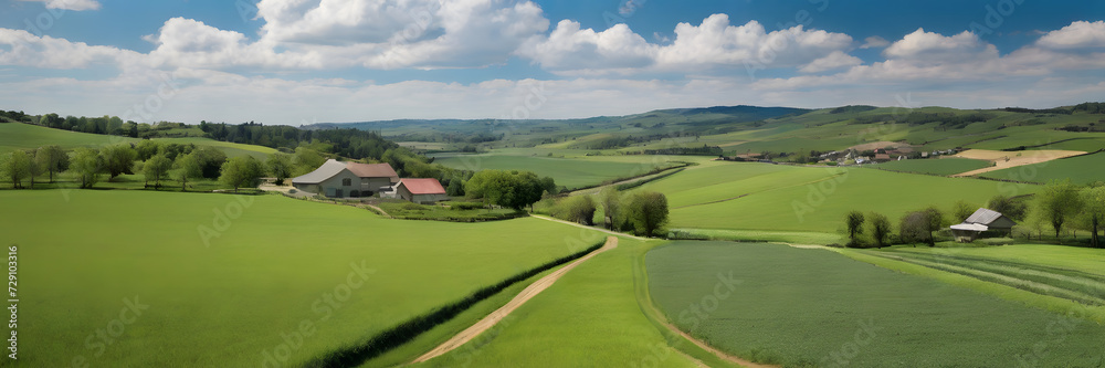 3:1 banner by springtime scenery of farmlands with lush green fields and growing crops. Good for travel promotion, product promotion, social media or websites, wedding, seasonal festivals. 3:1 banner by springtime scenery of farmlands with lush green fields and growing crops. Good for travel promotion, product promotion, social media or websites, wedding, seasonal festivals.