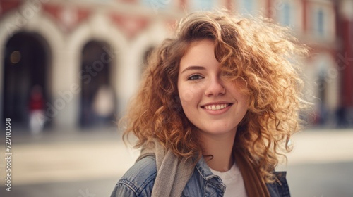 A college student happily posing outside, looking at the camera.