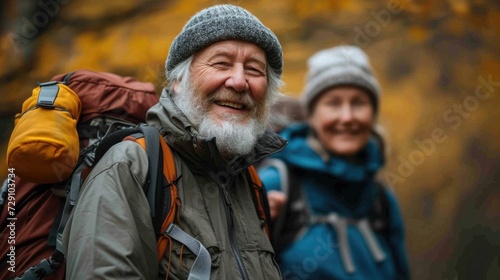 smiling happy sweet backpackers trekking together.