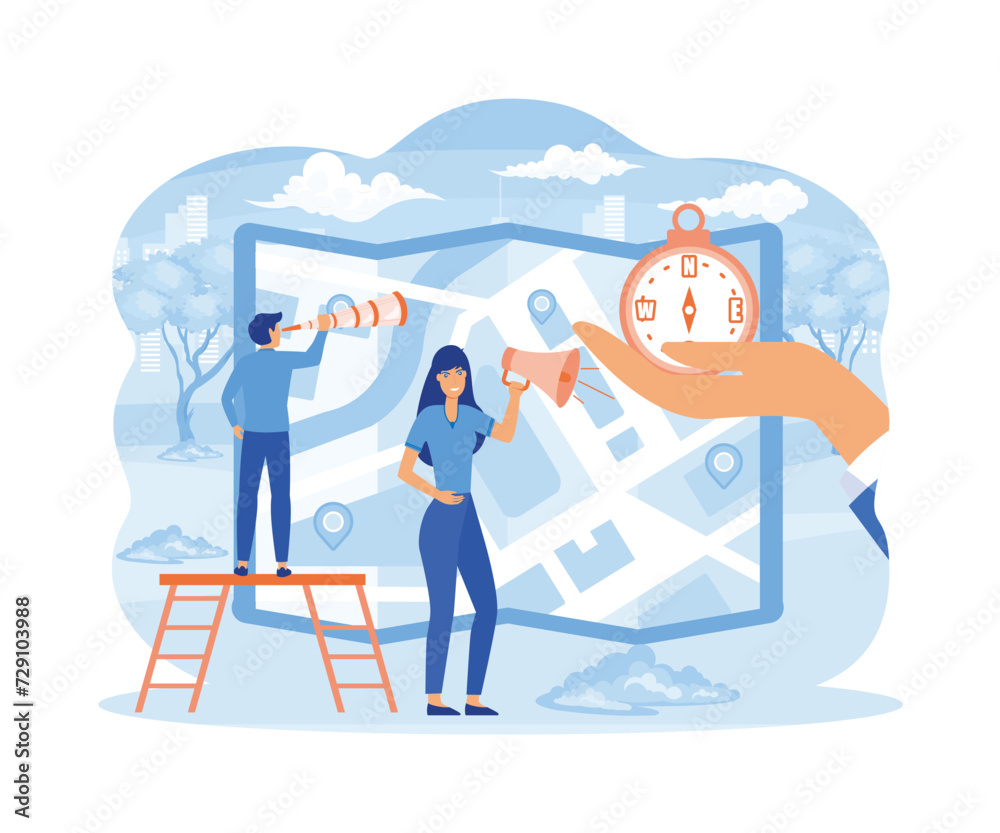 Folded City map. GPS navigator. Tiny Characters Orienteering at Huge Paper Map. Businessman with Compass Searching Correct Way. Geolocation Pin. Gps Navigation. flat vector modern illustration Folded City map. GPS navigator. Tiny Characters Orienteering at Huge Paper Map. Businessman with Compass Searching Correct Way. Geolocation Pin. Gps Navigation. flat vector modern illustration