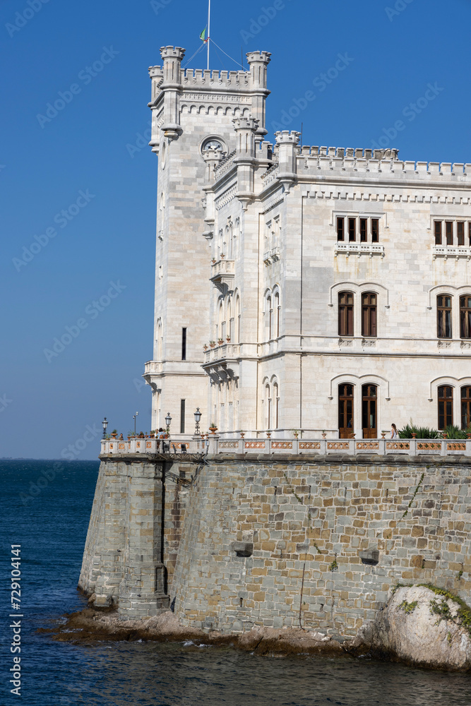Miramare Castle (Castello di Miramare), located directly on the Gulf of Trieste of the Adriatic Sea, Trieste, Italy