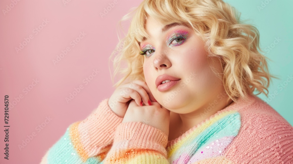 The beauty of a curvy woman shines in a studio portrait with soft pastels. The beauty of a curvy woman shines in a studio portrait with soft pastels.
