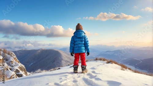Portrait of a kid boy walking on top of mountain winter background, back view from Generative AI