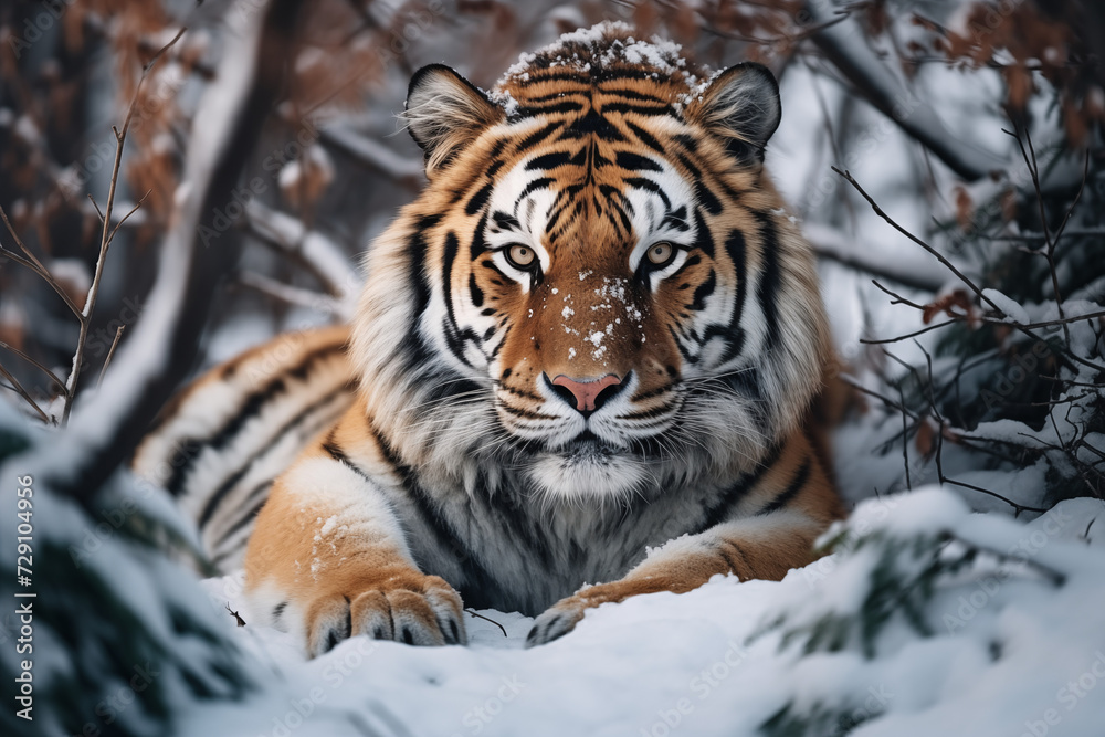 close-up portrait of a siberian tiger lying in snowy forest