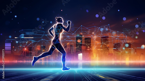 Exercise,runnung with digital technology or gadget system progarm.smart lifestyle with healthy concepts. generative AI. photo