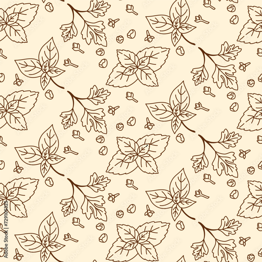 Seamless pattern with spices and herbs. Vector illustration. Line art. Perfect for use to create culinary projects, branding, logo, menus, packaging, patterns, prints, textile design. Seamless pattern with spices and herbs. Vector illustration. Line art. Perfect for use to create culinary projects, branding, logo, menus, packaging, patterns, prints, textile design.