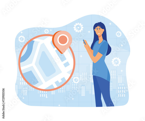 Young female character using a navigational app. Map and geo tag. Millennials and devices. flat vector modern illustration 