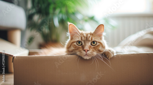 Cute cat in cardboard box.  © Vika art