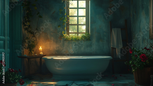 A tranquil bathroom with a standalone bathtub and a single flickering candle. 