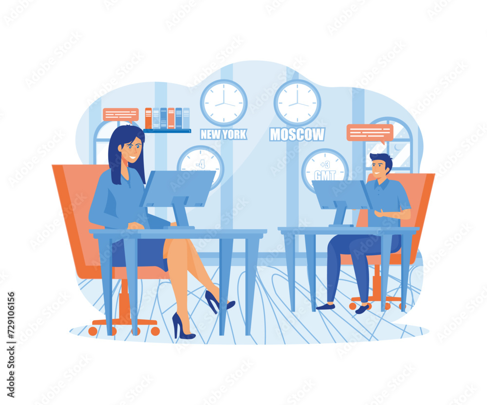 Time zones concept collage with man and woman working during night and daytime. flat vector modern illustration 