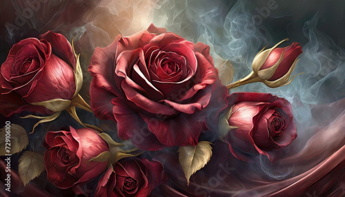 Piękne, bordowe, rustykalne Róże, tapeta, dekoracja. Generative AI