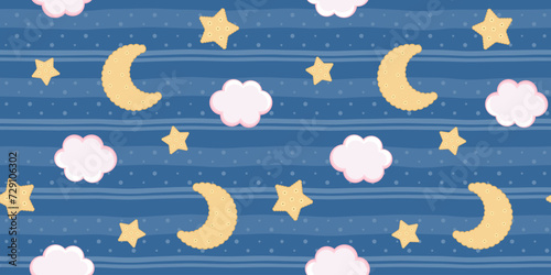 Cookie crescent moons, cookie stars and pink sugar clouds on a dark blue striped background with dots. Kids endless texture with sweet sky. Vector seamless pattern for giftwrap, surface texture, print