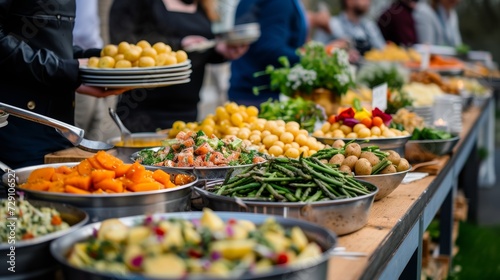 A vibrant display of freshly prepared vegetables and potatoes served in trays at an outdoor event.