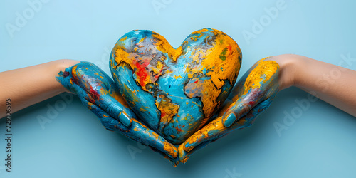 hands, painted in the world map, forming heart shape isolated on blue background photo