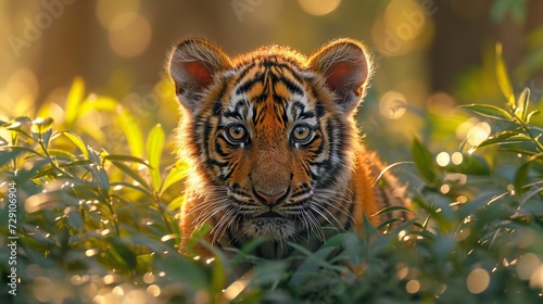 In the quiet of the jungle a young tiger pauses