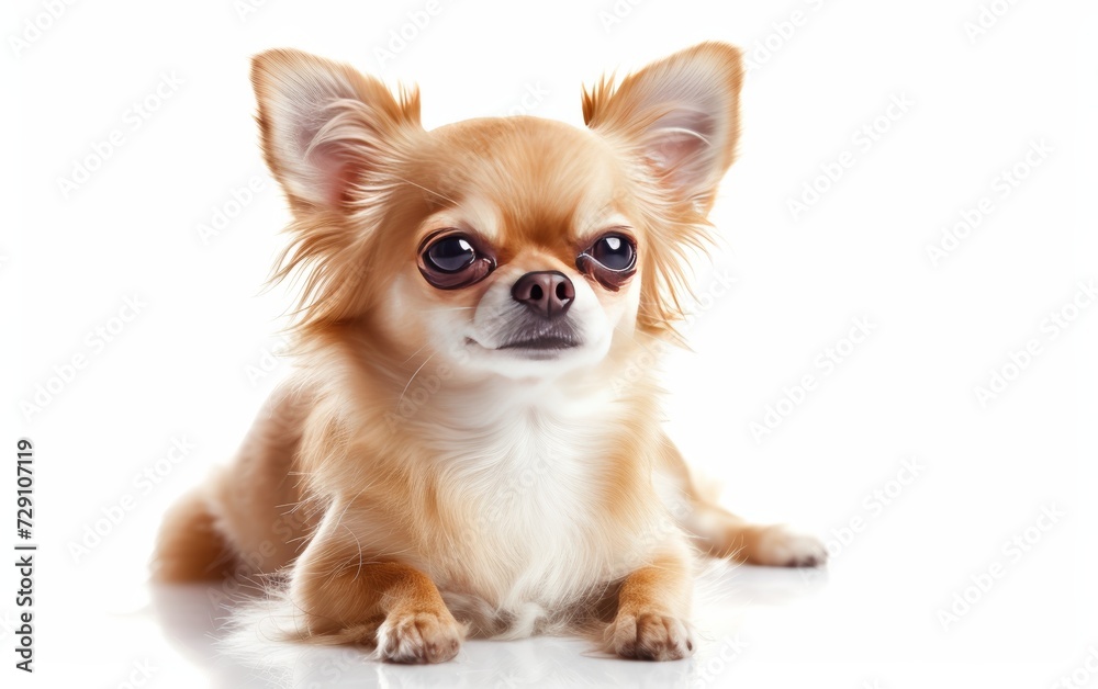 An adorable Chihuahua lying calmly, its soft fur and expressive eyes beautifully isolated against a white background.