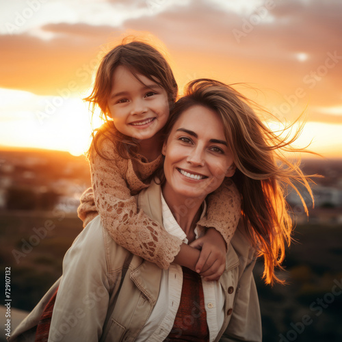 Joyful Moments: Radiant Smiles of an American Mother and Daughter, Daughter Playfully on Her Back © BiljanaMoe