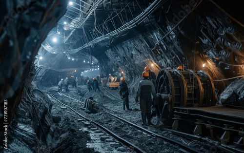 Workers in protective gear at a dark, moody coal mine, illuminated by heavy machinery lights. photo