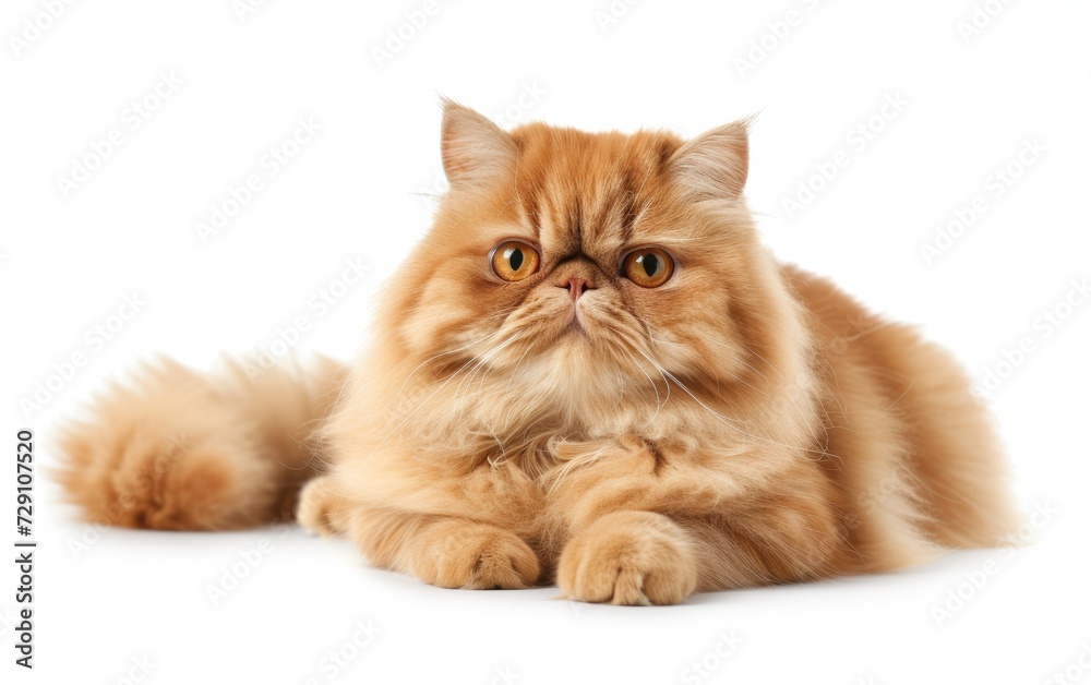 A fluffy Persian cat lies comfortably, its soft fur and adorable features beautifully isolated against a white background.